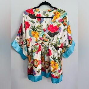 Parsley & Sage Floral Satin Kimono Wrap Top Boho Blouse Size Large Artsy Boho